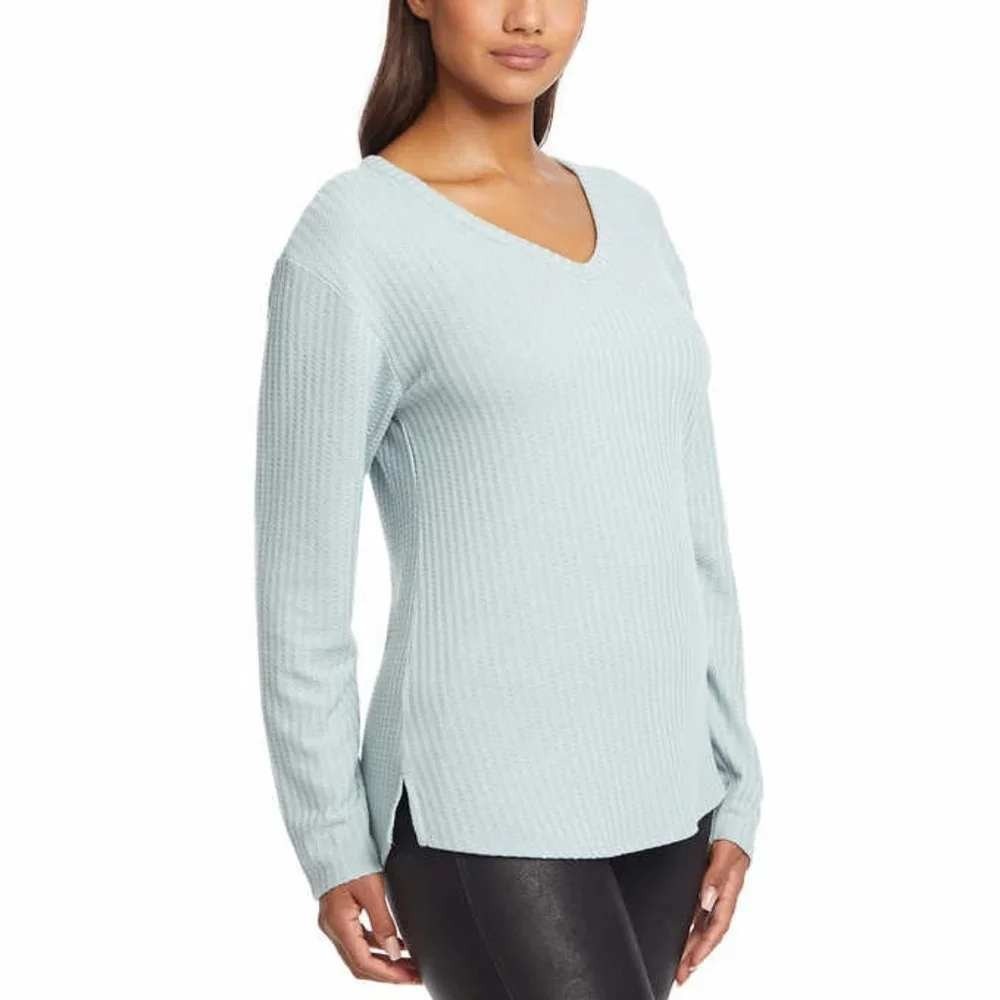 Chaser Womens XL Dusty Blue V-Neck Waffle Knit Long Sleeve Thermal Top 1640981